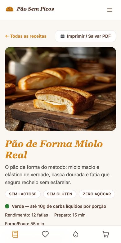 Tela real do app: receita com semáforo de pico, nutrição e porções